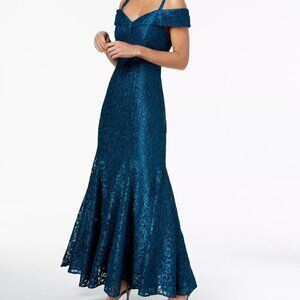R & M Richards Off-the-Shoulder Lace Gown (Peacock Blue)